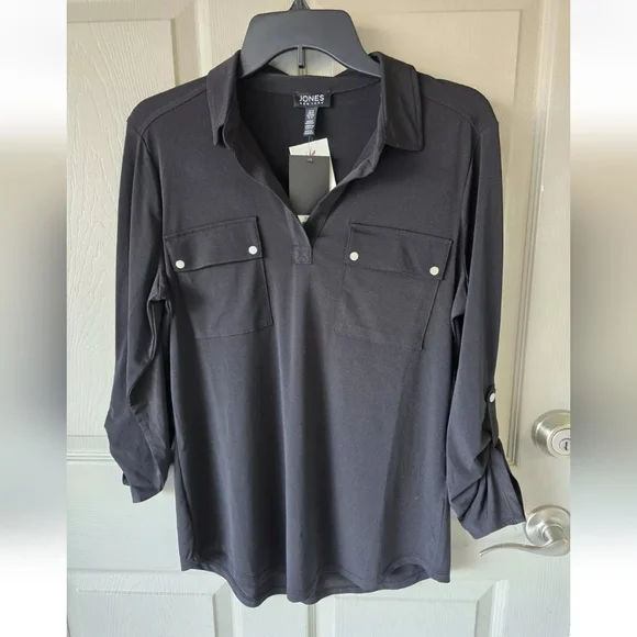 $59 Jones New York Women Blouse Sz M Black Collared Roll Tab Sleeves Snap Button - Picture 4 of 12